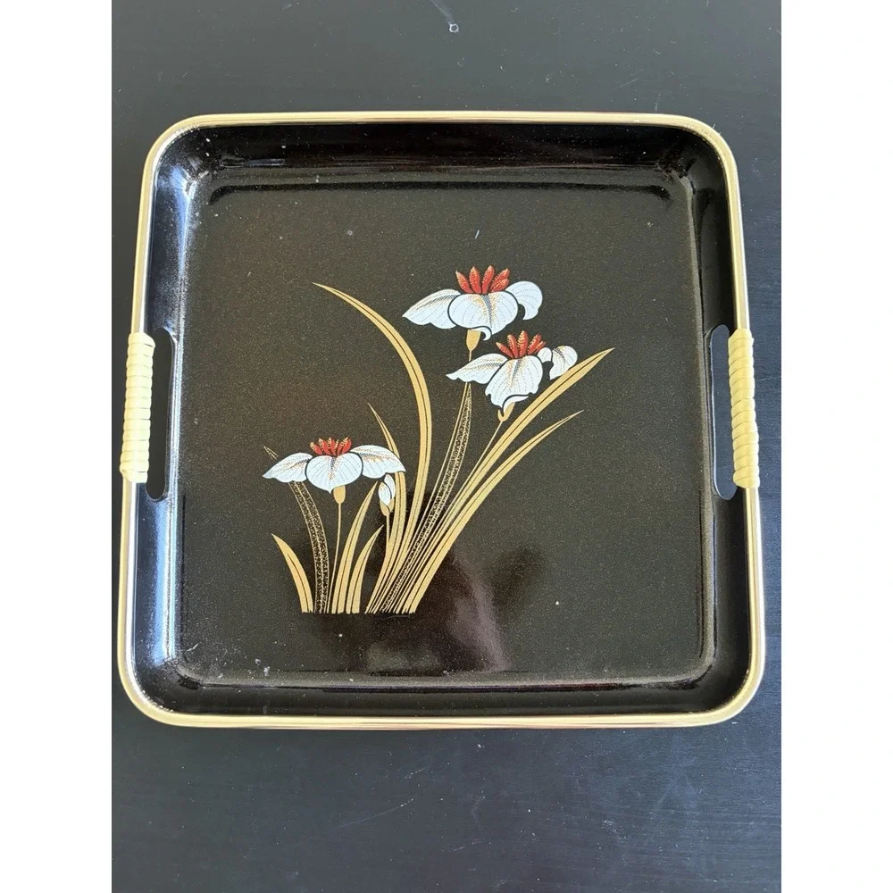 Vintage Japanese Lacquerware Tray Black with Floral Design 10.5